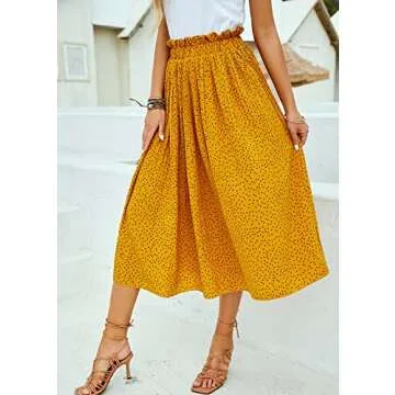 Yellow Floral Skirt for Women Casual Pleated High Waisted Midi Swing Flared Aline Skirt with Pockets Small