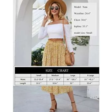 Yellow Floral Skirt for Women Casual Pleated High Waisted Midi Swing Flared Aline Skirt with Pockets Small