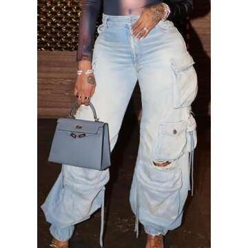 NRTHYE Cargo Jeans for Women Y2K High Waist Baggy Denim Cargo Pants with Pocket Streetwear
