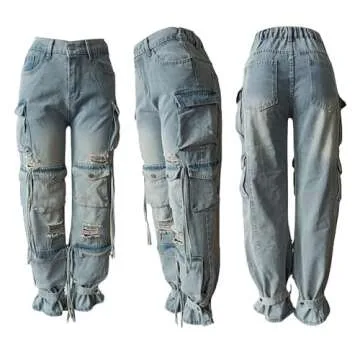 NRTHYE Cargo Jeans for Women Y2K High Waist Baggy Denim Cargo Pants with Pocket Streetwear