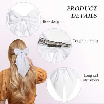 FOSROM Hair Bows for Girls and Women - 3 Pcs Ribbon Hair Accessories in Black, White, and Pink