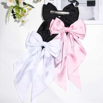 FOSROM Hair Bows for Girls and Women - 3 Pcs Ribbon Hair Accessories in Black, White, and Pink