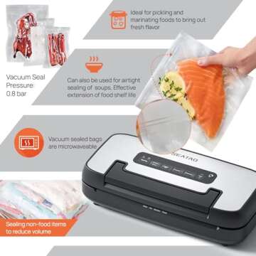 Vacuum Sealer Machine, SEATAO 80Kpa Food Vacuum Sealer Machine Preservation Dry/Moist Modes, Handle Locked Design, Removable Drip Tray, Built-in Cutter and Bag Storage