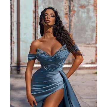 Bangunlah Off Shoulder Mermaid Prom Dresses Satin Ball Gown Long Formal Dress Wrap Ruched Evening Gowns Black 16W