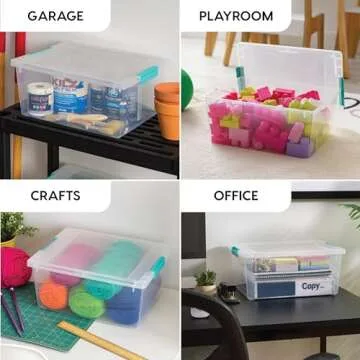 IRIS USA 12 Qt. Plastic Storage Bins Containers with Lids, 4 Pack, Sensory Bin, Craft Storage, Craft Organizers and Storage, Organizing Container for Home, Office and School Supplies, Stackable, Clear