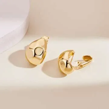 MUYAN Gold Cut Chunky Waterdrop Clip On Earrings for Women Gold Polished Droplet Clip Earrings Irregular Section Clip Earrings