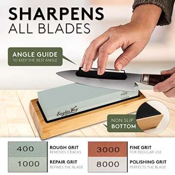Eagles Way Professional Knife Sharpening Stone - Grit 400/1000/3000/8000 - Long Lasting Whetstone - Angle Guide, Bamboo Base, 2x Nonslip Rubber Base, Flattening Stone, Leather Strap - Safety Gloves