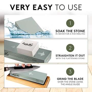 Eagles Way Professional Knife Sharpening Stone - Grit 400/1000/3000/8000 - Long Lasting Whetstone - Angle Guide, Bamboo Base, 2x Nonslip Rubber Base, Flattening Stone, Leather Strap - Safety Gloves