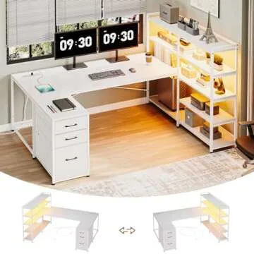 SEDETA L Shaped Computer Desk, Reversible U Shaped Home Office Desk with 3 Fabric Drawers and Storage Shelves, L Shaped Desk with Power Outlet, LED Strip, White