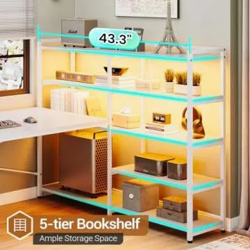 SEDETA L Shaped Computer Desk, Reversible U Shaped Home Office Desk with 3 Fabric Drawers and Storage Shelves, L Shaped Desk with Power Outlet, LED Strip, White