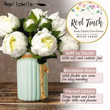Angel Isabella Realistic Peony Bouquet - Real Touch Artificial Flowers for Decoration - Beautiful Artificial Flowers Arrangements for Home, Wedding, Corsage, Boutonniere - 6 Blooms and 2 Buds, Ivory