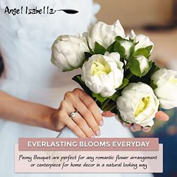 Angel Isabella Realistic Peony Bouquet - Real Touch Artificial Flowers for Decoration - Beautiful Artificial Flowers Arrangements for Home, Wedding, Corsage, Boutonniere - 6 Blooms and 2 Buds, Ivory