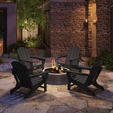 Mdeam Folding Adirondack Chair with Retractable Ottoman, HDPE All-Weather Fire Pit Chair with 2 Cup ...