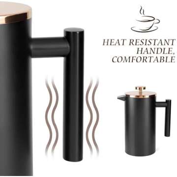 Miuly 12oz French Press for One Person, Small French Press 350ml with 2 Filter Mesh, Double Wall Insulated French Press for Travel, Black