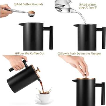 Miuly 12oz French Press for One Person, Small French Press 350ml with 2 Filter Mesh, Double Wall Insulated French Press for Travel, Black