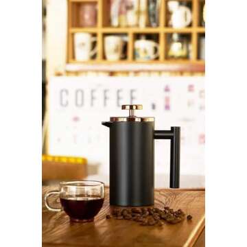 Miuly 12oz French Press for One Person, Small French Press 350ml with 2 Filter Mesh, Double Wall Insulated French Press for Travel, Black