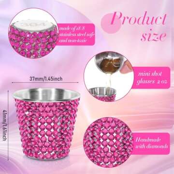 Tioncy 12 Pcs 1 oz Rose Red Shot Glasses Rhinestone Stainless Steel Shot Cup Bling Mini Cup Bachelor...