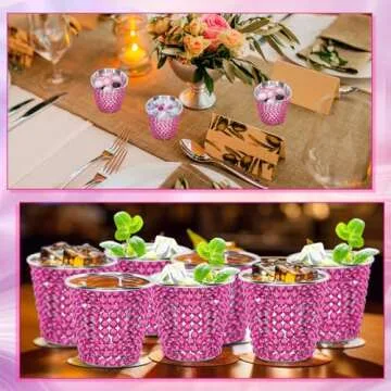 Tioncy 12 Pcs 1 oz Rose Red Shot Glasses Rhinestone Stainless Steel Shot Cup Bling Mini Cup Bachelorette Party Supplies Metal Pint Cup Barware Drinking Cup for Bride Wedding Whiskey Women Birthday