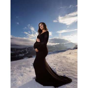 ZIUMUDY Maternity Off Shoulder Photo Shoot Photography Dress Solid Color Baby Shower Dress(Large, Black)