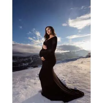 ZIUMUDY Maternity Off Shoulder Photo Shoot Photography Dress Solid Color Baby Shower Dress(Large, Black)