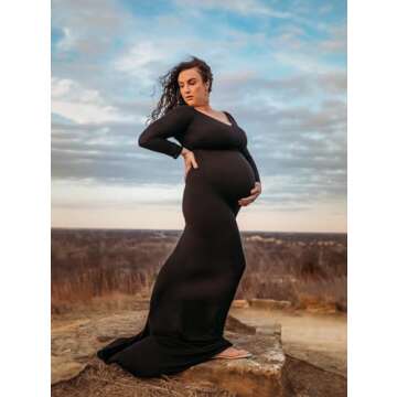 ZIUMUDY Maternity Off Shoulder Photo Shoot Photography Dress Solid Color Baby Shower Dress(Large, Black)