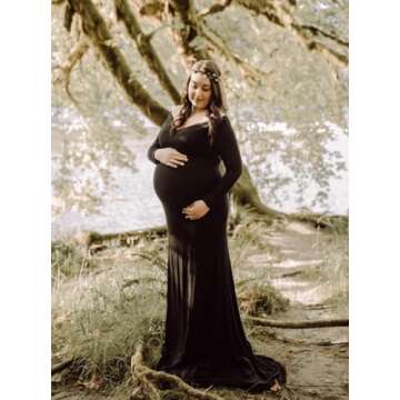 ZIUMUDY Maternity Off Shoulder Photo Shoot Photography Dress Solid Color Baby Shower Dress(Large, Black)