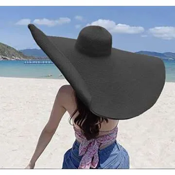 80CM Oversized Beach Straw Hats for Women Floppy, Extra Large Sun Visor Hat Wide Brim Summer Packable Huge Roll Up Big Beach Hat for Women Foldable, Black