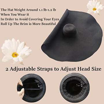 80CM Oversized Beach Straw Hats for Women Floppy, Extra Large Sun Visor Hat Wide Brim Summer Packable Huge Roll Up Big Beach Hat for Women Foldable, Black