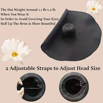 80CM Oversized Beach Straw Hats for Women Floppy, Extra Large Sun Visor Hat Wide Brim Summer Packable Huge Roll Up Big Beach Hat for Women Foldable, Black