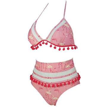COCOSHIP Pink & Beige Flamingo Fringe High Rise Bikini Set Red Pom Pom Tassel Trim Top Halter Swimsuit Bathing Suit 14
