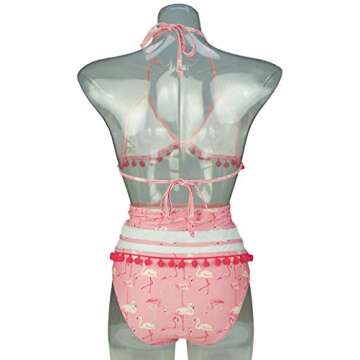 COCOSHIP Pink & Beige Flamingo Fringe High Rise Bikini Set Red Pom Pom Tassel Trim Top Halter Swimsuit Bathing Suit 14