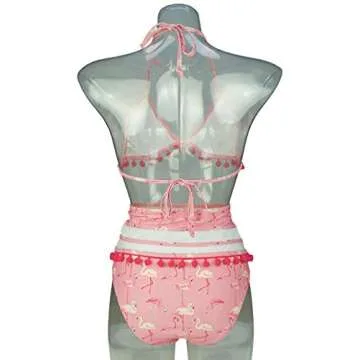 COCOSHIP Pink & Beige Flamingo Fringe High Rise Bikini Set Red Pom Pom Tassel Trim Top Halter Swimsuit Bathing Suit 14