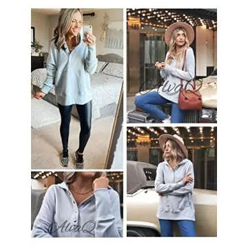 AlvaQ Womens Long Sleeve Casual Sweatshirts Women Hoodies Solid Color Button Collar Fall Pullover Tops Fashion 2024 Sky Gray Small