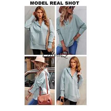 AlvaQ Womens Long Sleeve Casual Sweatshirts Women Hoodies Solid Color Button Collar Fall Pullover Tops Fashion 2024 Sky Gray Small