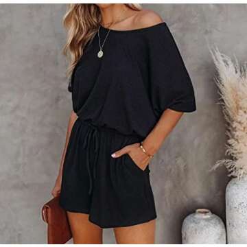 Lacozy Women 2024 Summer Short Sleeve Off The Shoulder Rompers Casual Shorts One Piece Overall Jumpsuit Outfits Black S
