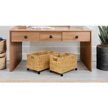 PEMAR Set 2 (different sizes nesting in a set) Natural Wicker Rolling Storage Baskets on Wheels w Insert Handle, Under Table Under Desk Storage Bins, Mobile File Cabinet Organiser. Water Hyacinth