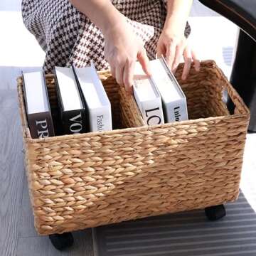 PEMAR Set 2 (different sizes nesting in a set) Natural Wicker Rolling Storage Baskets on Wheels w Insert Handle, Under Table Under Desk Storage Bins, Mobile File Cabinet Organiser. Water Hyacinth