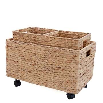 PEMAR Set 2 (different sizes nesting in a set) Natural Wicker Rolling Storage Baskets on Wheels w Insert Handle, Under Table Under Desk Storage Bins, Mobile File Cabinet Organiser. Water Hyacinth