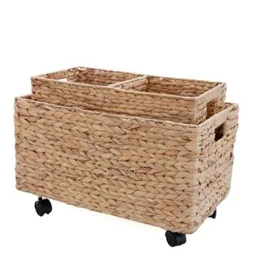 PEMAR Set 2 (different sizes nesting in a set) Natural Wicker Rolling Storage Baskets on Wheels w Insert Handle, Under Table Under Desk Storage Bins, Mobile File Cabinet Organiser. Water Hyacinth