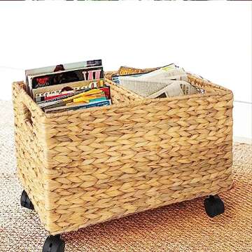 PEMAR Set 2 (different sizes nesting in a set) Natural Wicker Rolling Storage Baskets on Wheels w Insert Handle, Under Table Under Desk Storage Bins, Mobile File Cabinet Organiser. Water Hyacinth