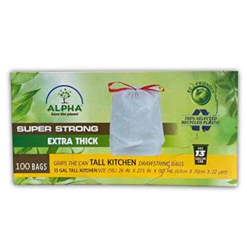 Eco-Friendly Alpha 13 Gallon Tall Kitchen Trash Bags – 100% Recycled, Extra Thick, Strong Drawstri...