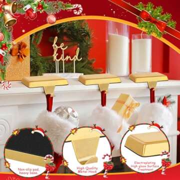 4 Pack Metal Christmas Stocking Holders for Mantle Heavy Duty Stocking Hangers Stocking Hook Christmas Ornaments for Counter Tables Window Fireplace Mantle Decoration (Gold)