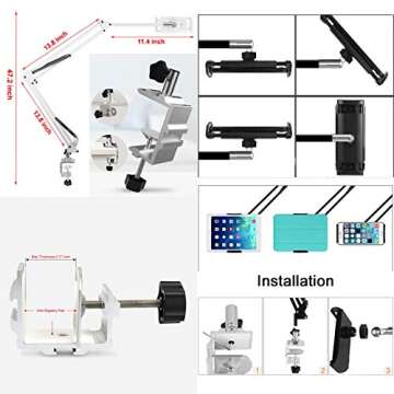 OHITEC Heavy Duty Phone/Tablet Metal Holder Universal Mobile Cell Smartphone Mount Lazy Bracket 360° Rotation Gooseneck Clamp Stand Flexible Long Arm (White, 3-Section)