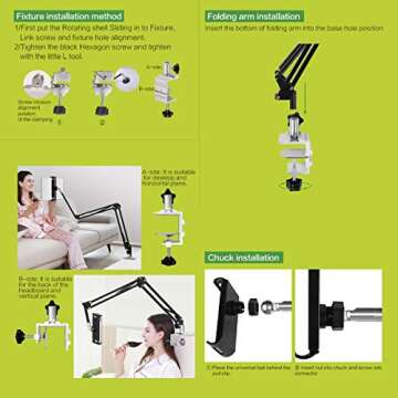 OHITEC Heavy Duty Phone/Tablet Metal Holder Universal Mobile Cell Smartphone Mount Lazy Bracket 360° Rotation Gooseneck Clamp Stand Flexible Long Arm (White, 3-Section)