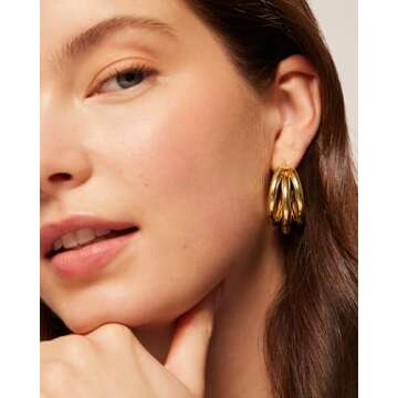 PAVOI 14K Yellow Gold Plated Chunky Multi Hoop Earrings for Women | Hypoallergenic Trendy Triple Split Loop Huggie Earrings