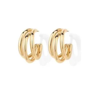 PAVOI 14K Yellow Gold Plated Chunky Multi Hoop Earrings for Women | Hypoallergenic Trendy Triple Split Loop Huggie Earrings