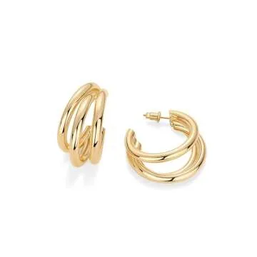 PAVOI 14K Yellow Gold Plated Chunky Multi Hoop Earrings for Women | Hypoallergenic Trendy Triple Split Loop Huggie Earrings