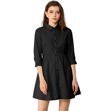 Allegra K Women's Casual Shirt Dress Ruched 3/4 Sleeve Button Down Work Mini Dresses Large Black