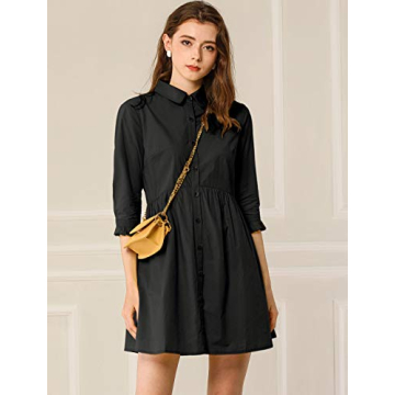 Allegra K Women's Casual Shirt Dress Ruched 3/4 Sleeve Button Down Work Mini Dresses Large Black