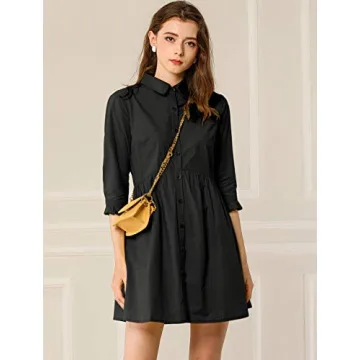 Allegra K Women's Casual Shirt Dress Ruched 3/4 Sleeve Button Down Work Mini Dresses Large Black